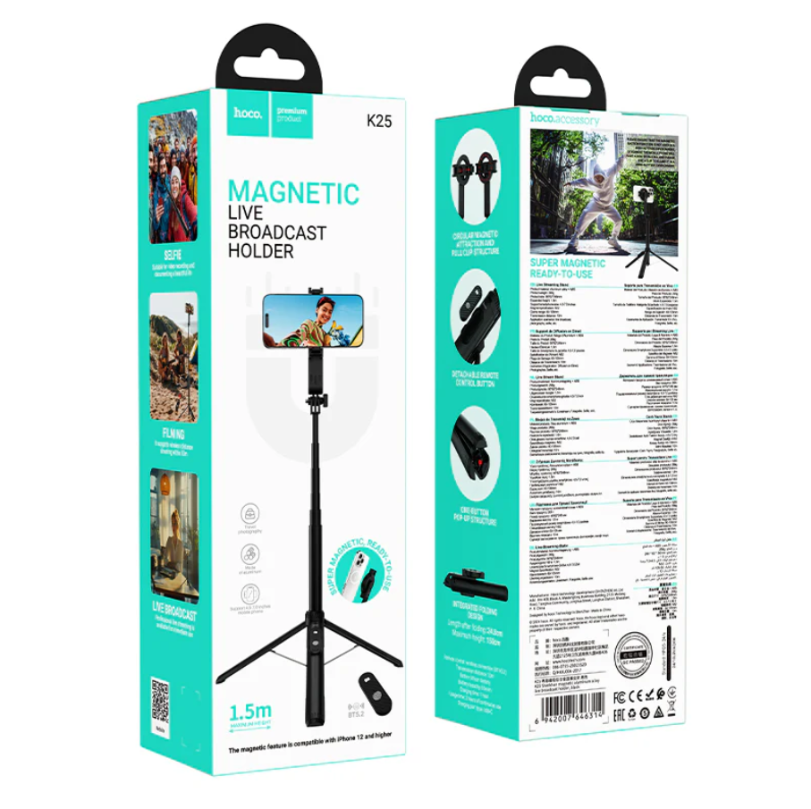 Hoco Bluetooth Selfie Stick With 1.5m Tripod Magnetic Phone Holder (K25)