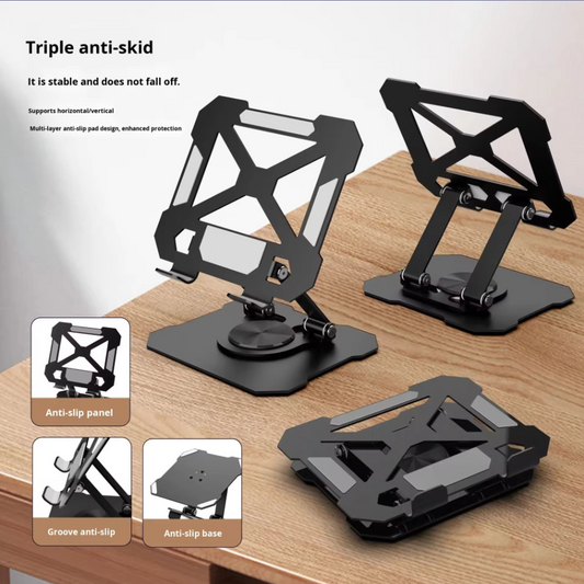 Three black metal anti-skid stand protectors for laptops or phones are displayed on a wooden tabletop, with one standing open and two shown from the base side. Text on the image highlights triple anti-skid protection, and three small inset diagrams explain the anti-slip panel, groove anti-slip, and anti-slip base.