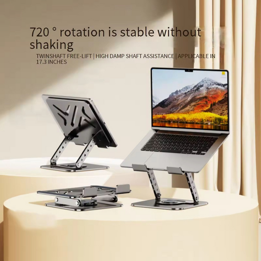A silver metal laptop and tablet stand shown in three angles on a beige pedestal, with text highlighting 720° rotation stability. The background features a warm beige wall and curtains.