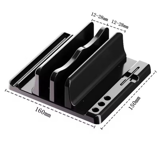 Black plastic multi-slot card holder or organizer shown on a white background with dimension labels and dashed measurement lines indicating 160mm width, 150mm depth, and 12-28mm slot spacing.