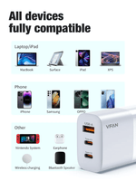 65W GaN Charger with 2 USB C and USB A Ports
