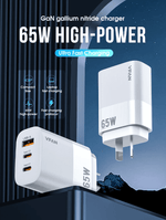 65W GaN Charger with 2 USB C and USB A Ports