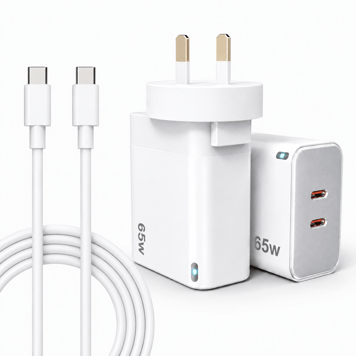 White 65W UK wall charger adapter with two USB-C connectors, shown alongside a matching coiled white cable and a second white charger with two USB-C ports on a clean white background.