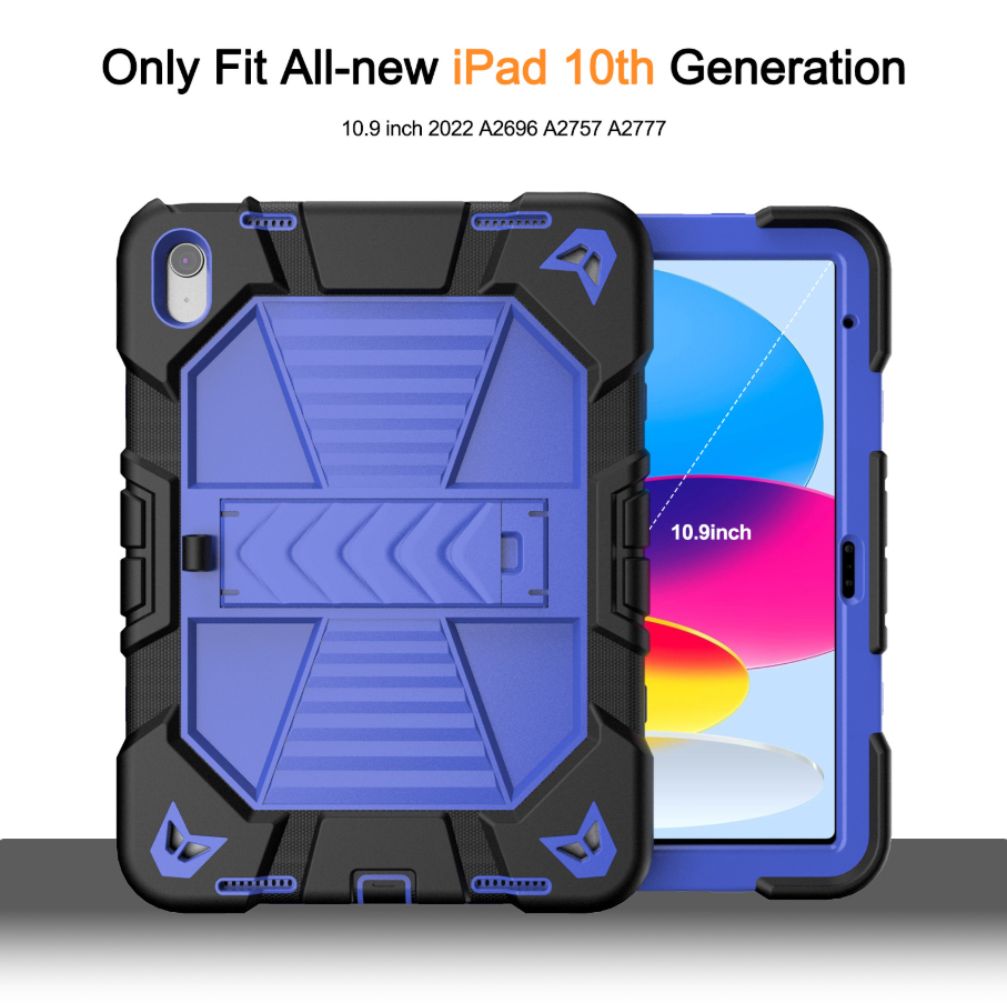 Blue and black rugged case for the all-new iPad 10th Generation on a white background