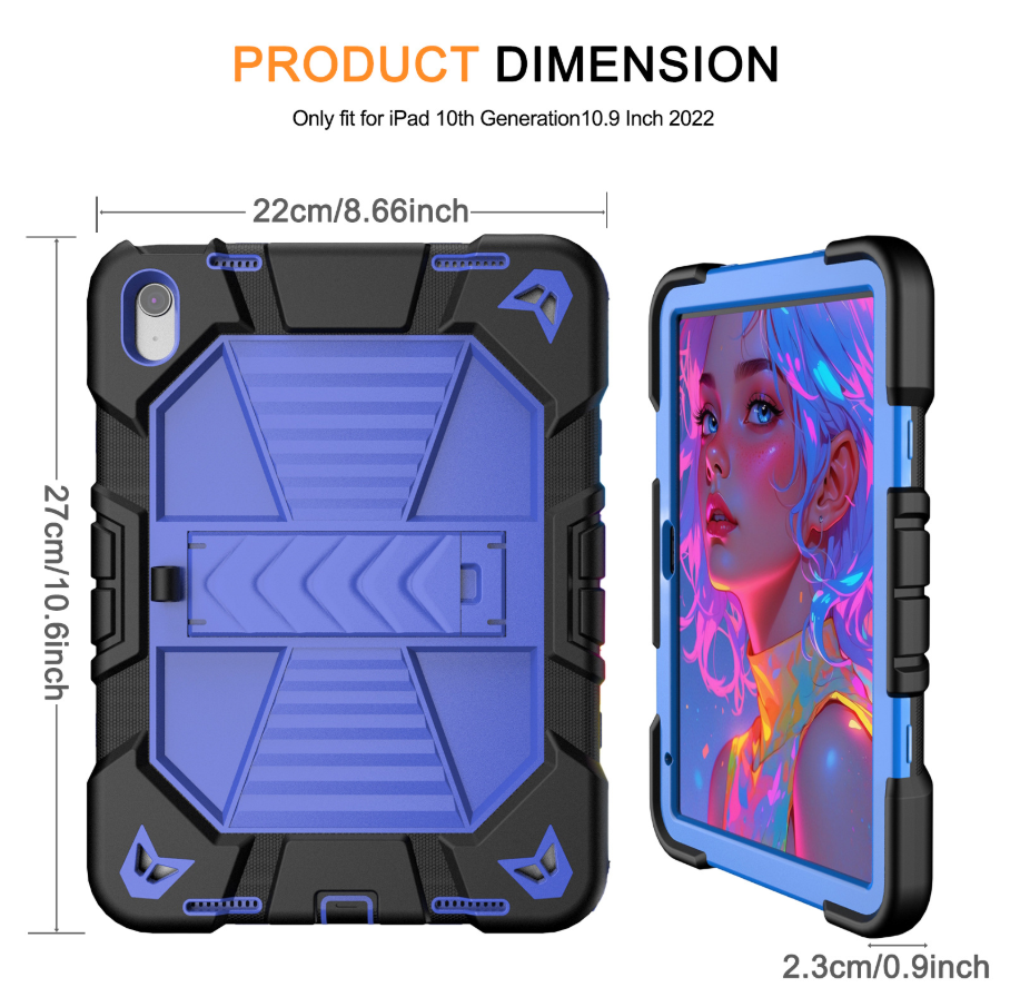 Rugged tablet case with dimensions and design details on a white background