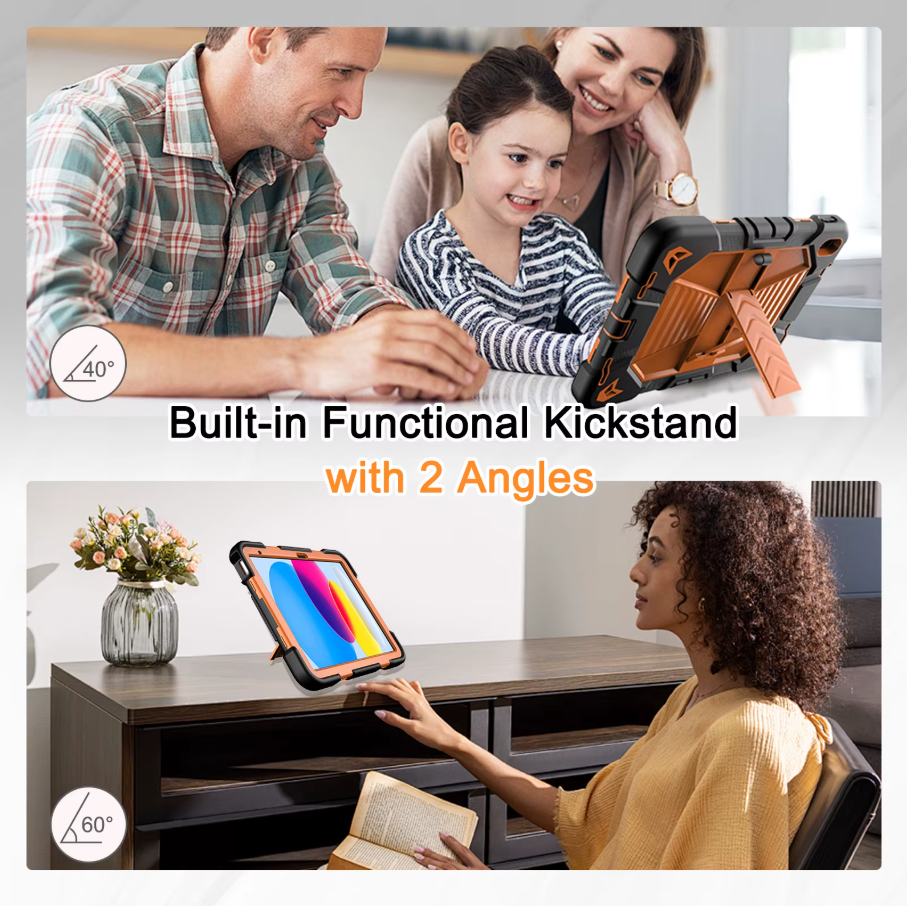 Family using a tablet with a built-in functional kickstand, shown from multiple angles.