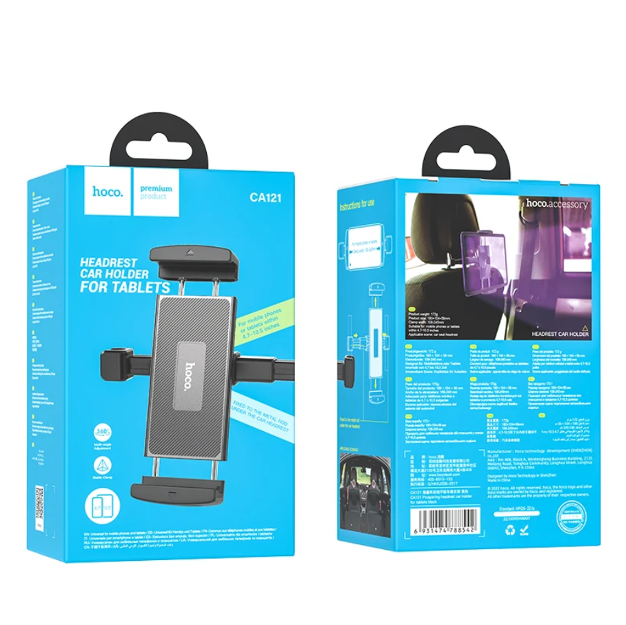Two views of the Hoco Premium Car Holder for Tablets CA121 retail packaging, shown on a plain white background. The box is bright blue with black and white branding, showing the front and back of the product and its features.