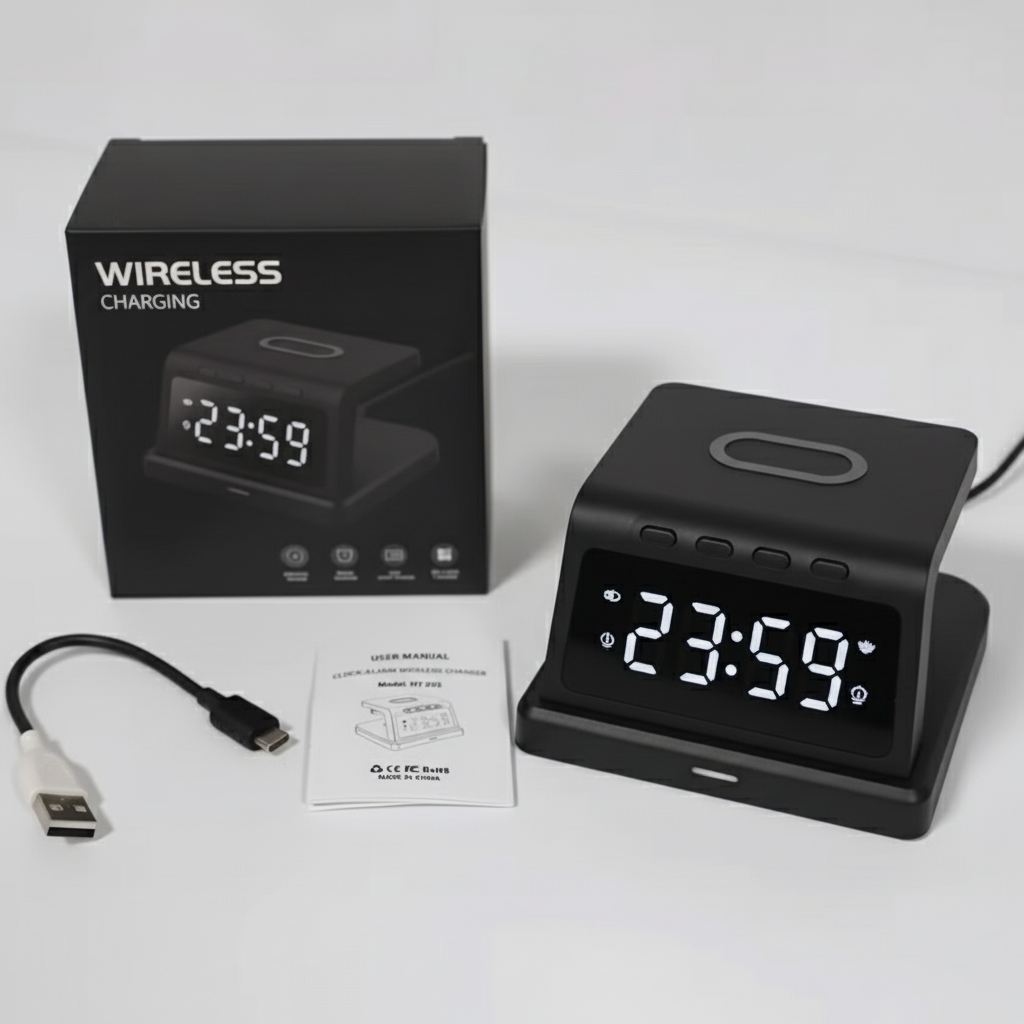 Digital alarm clock with wireless charger front view