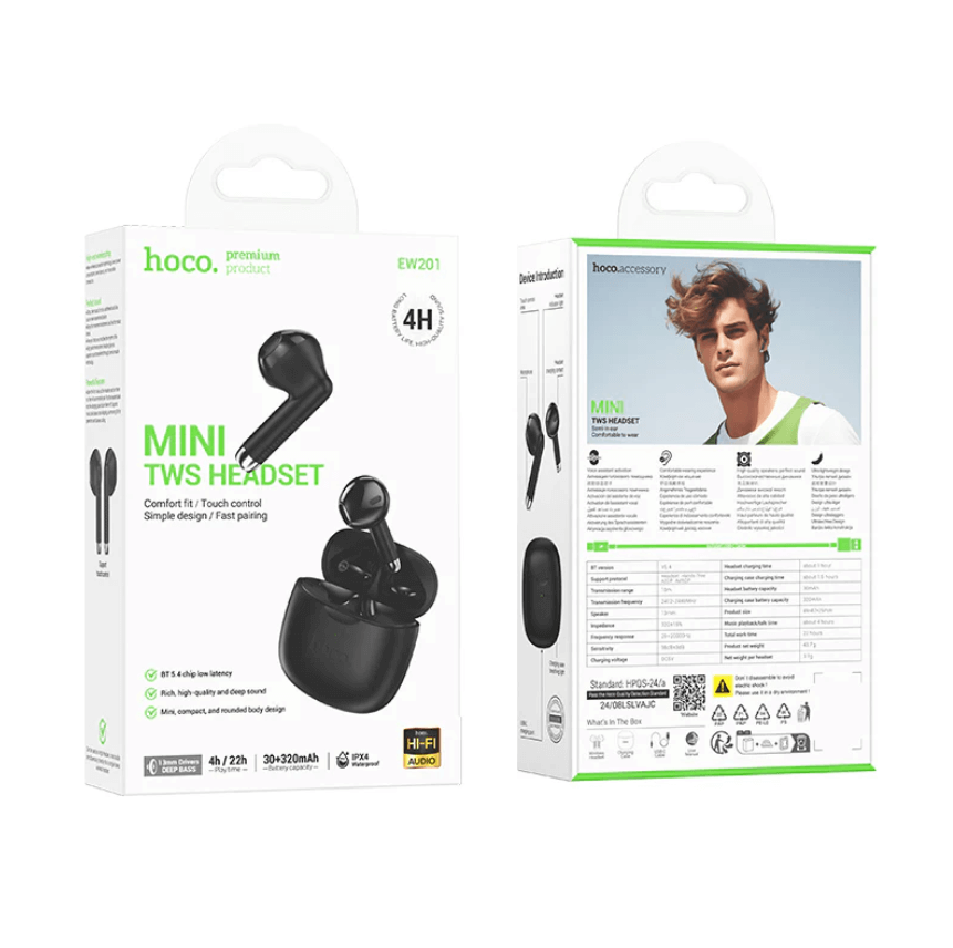 Hoco Mini TWS Headset packaging with product illustration and features on a white background