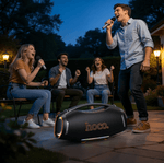 HT4 Max high-power Bluetooth party speaker with dynamic LED lighting and two wireless microphones