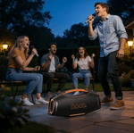 HT4 Pro Bluetooth karaoke party speaker with dynamic LED lighting and two wireless microphones