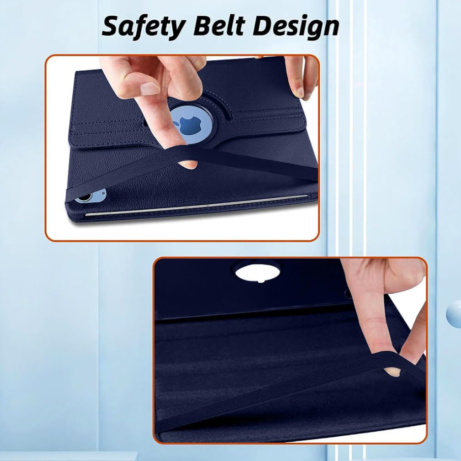 A dark navy tablet folio case shown in two inset close-up photos with hands demonstrating the safety belt design. The top inset shows a strap looping around a tablet, and the bottom inset shows the strap anchoring near the lower edge.