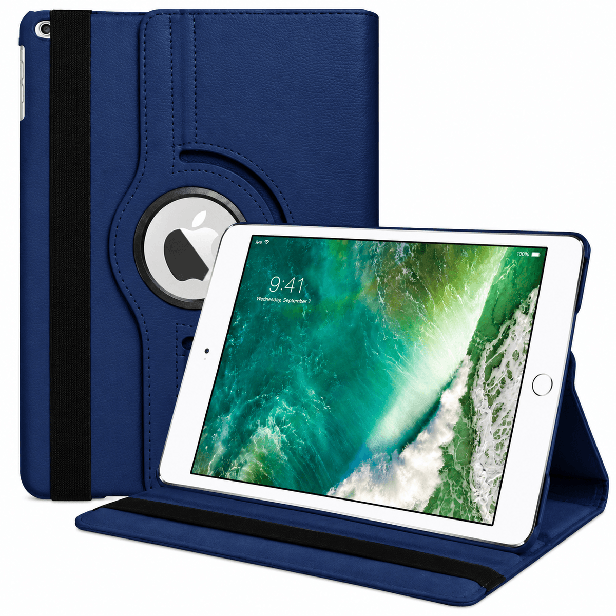 A navy blue tablet folio case shown with a white iPad in front, standing on its kickstand. The case has a textured faux-leather finish, a circular cutout with a black-and-white center ring, and a black vertical strap on the left side.