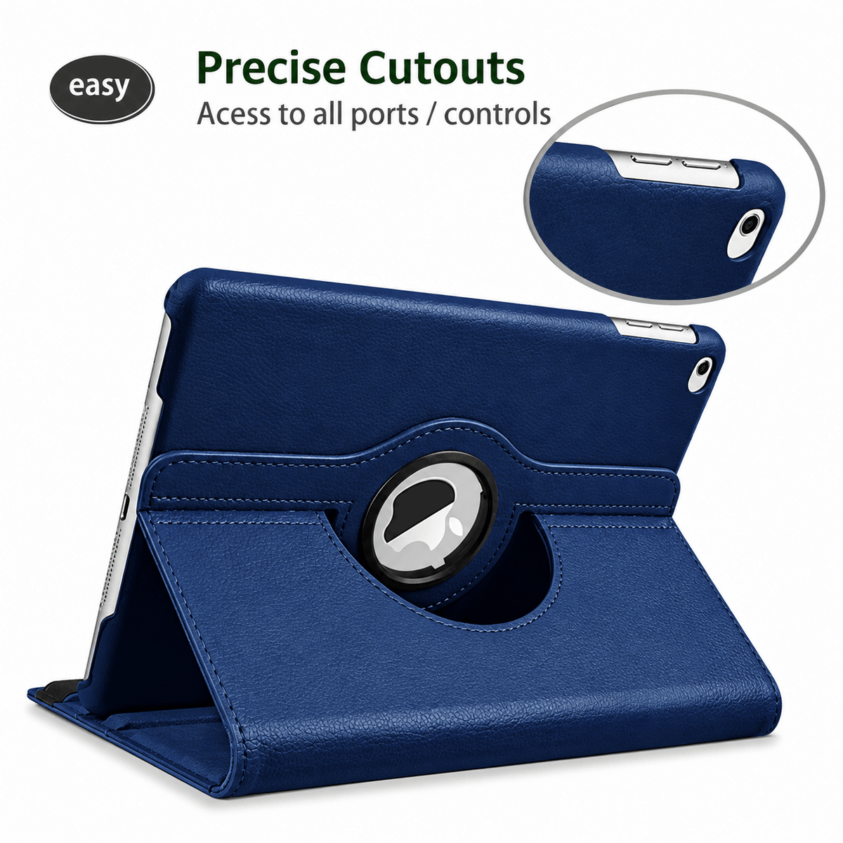 A navy blue tablet case with a 360-degree rotating stand, shown in an open position on a white background. The image includes text reading 'Precise Cutouts' and 'Access to all ports / controls' along with a circular inset showing a close-up of the cutout on the tablet's edge.