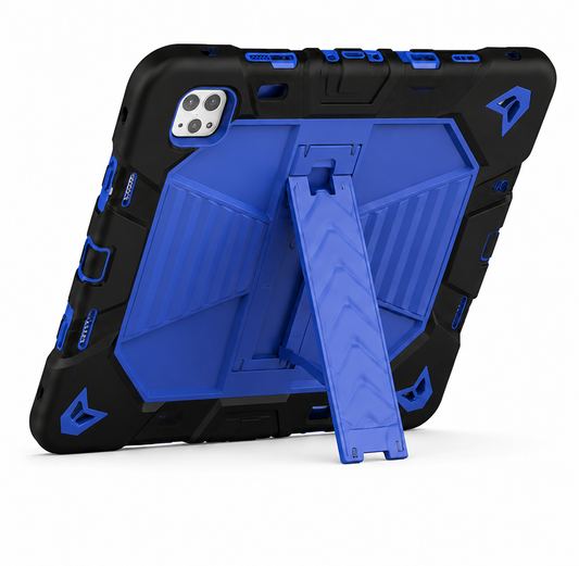 Blue and black rugged phone case with stand feature on a white background