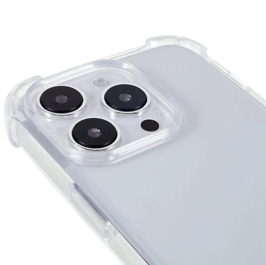 Clear phone case with camera lens protector on a white background