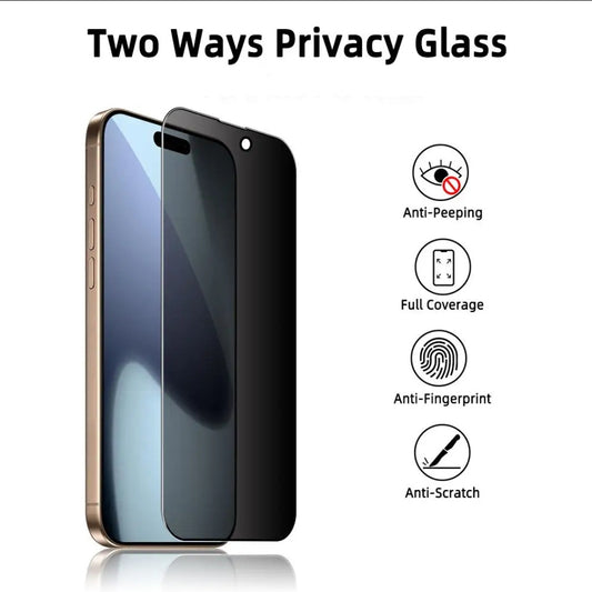 Two Ways Privacy Glass phone screen protector shown on a smartphone, with black privacy film overlay and feature icons for Anti-Peeping, Full Coverage, Anti-Fingerprint, and Anti-Scratch on a white background.