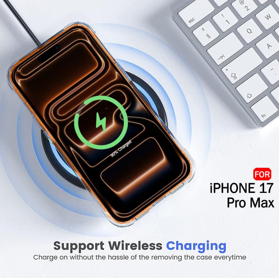 A wireless charging case shown on a phone, with a green charging icon on the screen and text reading 'Support Wireless Charging' and 'FOR iPhone 17 Pro Max'. The case has a metallic bronze/copper finish with a clear outer edge.
