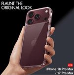 A hand holding a phone with a transparent smoky case, shown against a dark background with text reading 'FLAUNT THE ORIGINAL LOOK' and 'FOR iPhone 18 Pro Max / 17 Pro Max'.