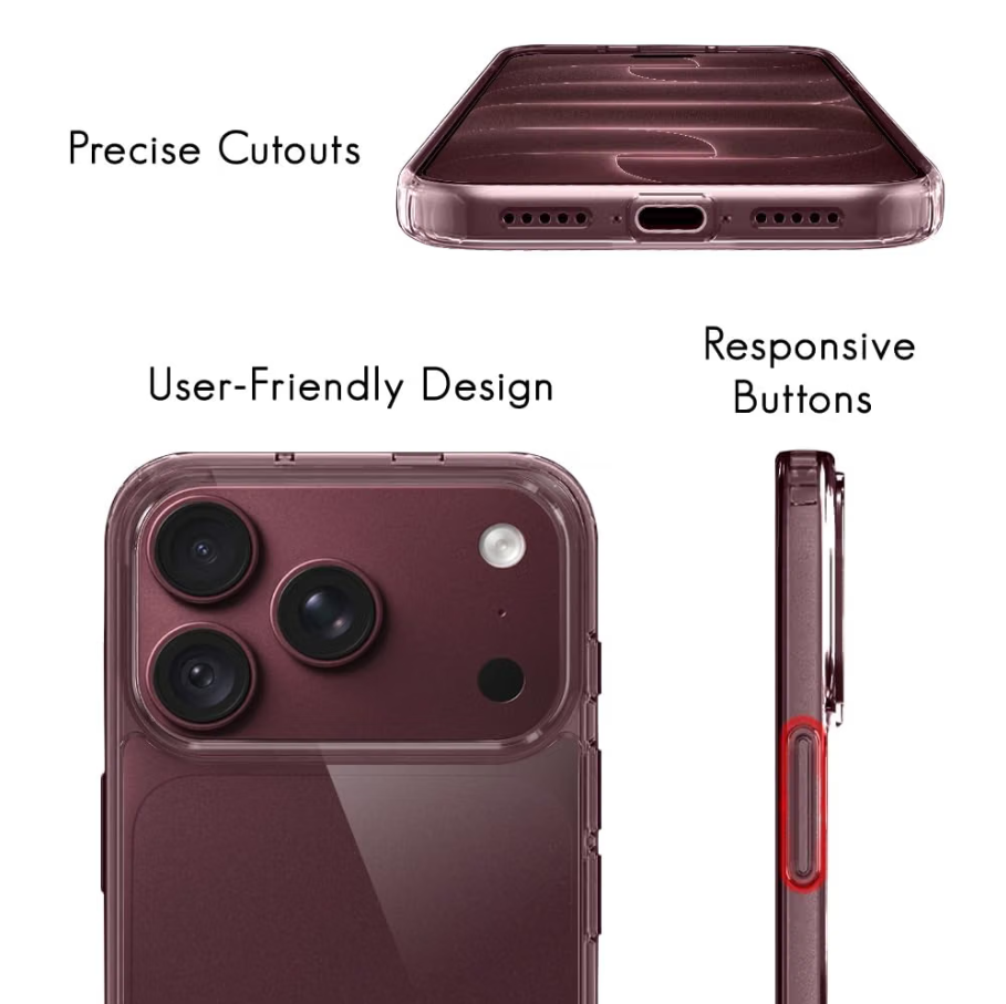 A clear protective phone case shown on a smartphone from multiple angles with callout text reading 'Precise Cutouts,' 'User-Friendly Design,' and 'Responsive Buttons.' The case appears transparent with a dark burgundy phone visible underneath.