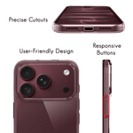 A clear protective phone case shown on a smartphone from multiple angles with callout text reading 'Precise Cutouts,' 'User-Friendly Design,' and 'Responsive Buttons.' The case appears transparent with a dark burgundy phone visible underneath.