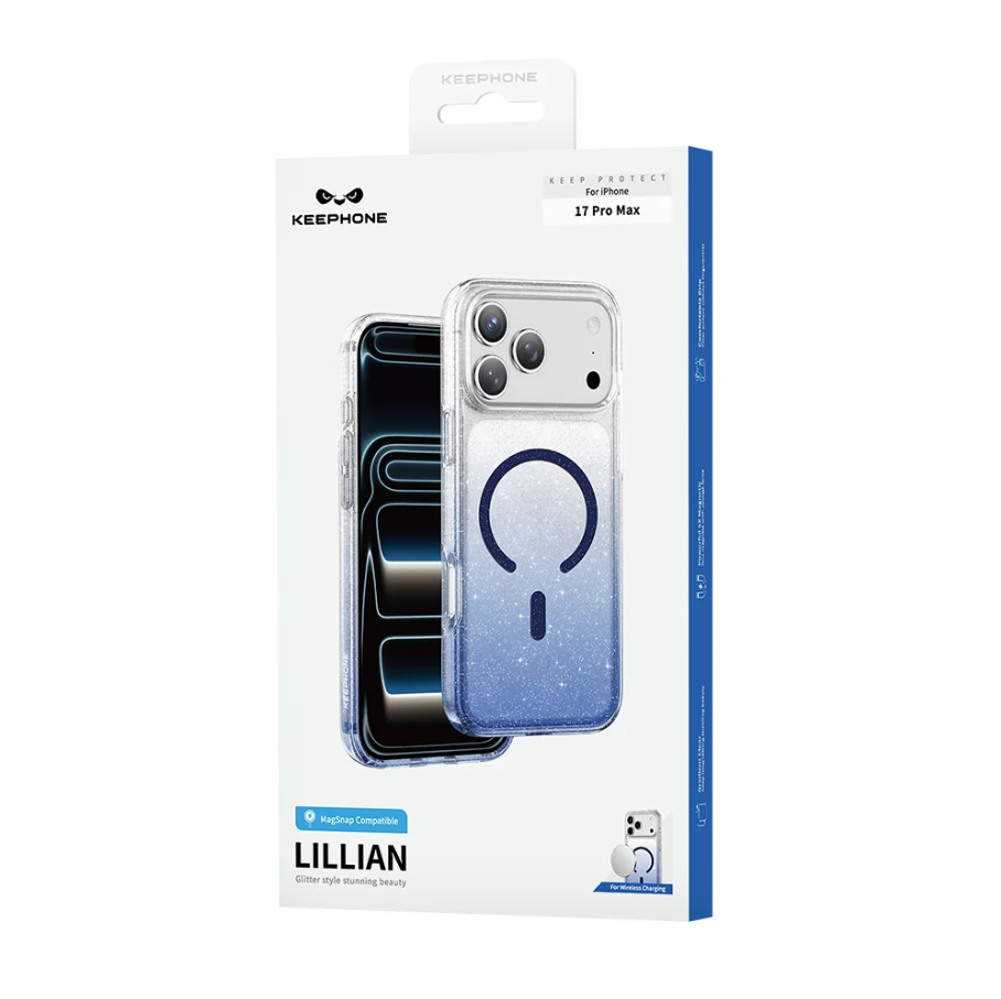 Keepphone Lillian MagSafe protective case for iPhone 17 Pro Max, shown in its original retail packaging. The packaging is white with blue accents, featuring a clear depiction of the phone case which has a blue glitter gradient and a dark blue MagSafe ring.