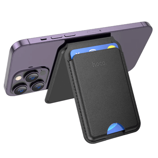 Black phone case with card holder attached to a purple phone on a white background