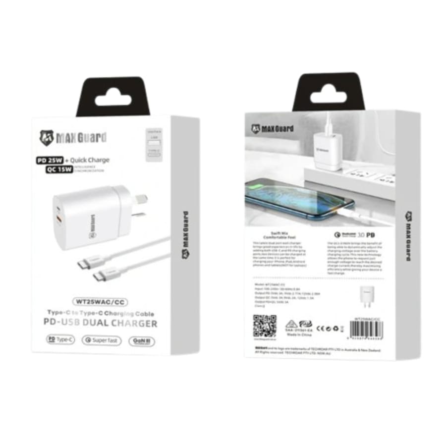 Maxguard PD 25W wall charger with Type-C to C combo WT25WAC/CC