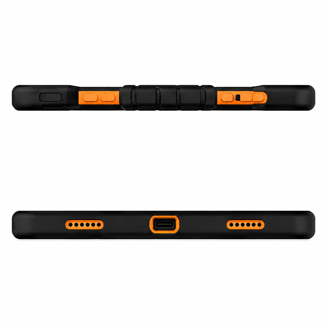 Black and orange device with ports and buttons on a white background