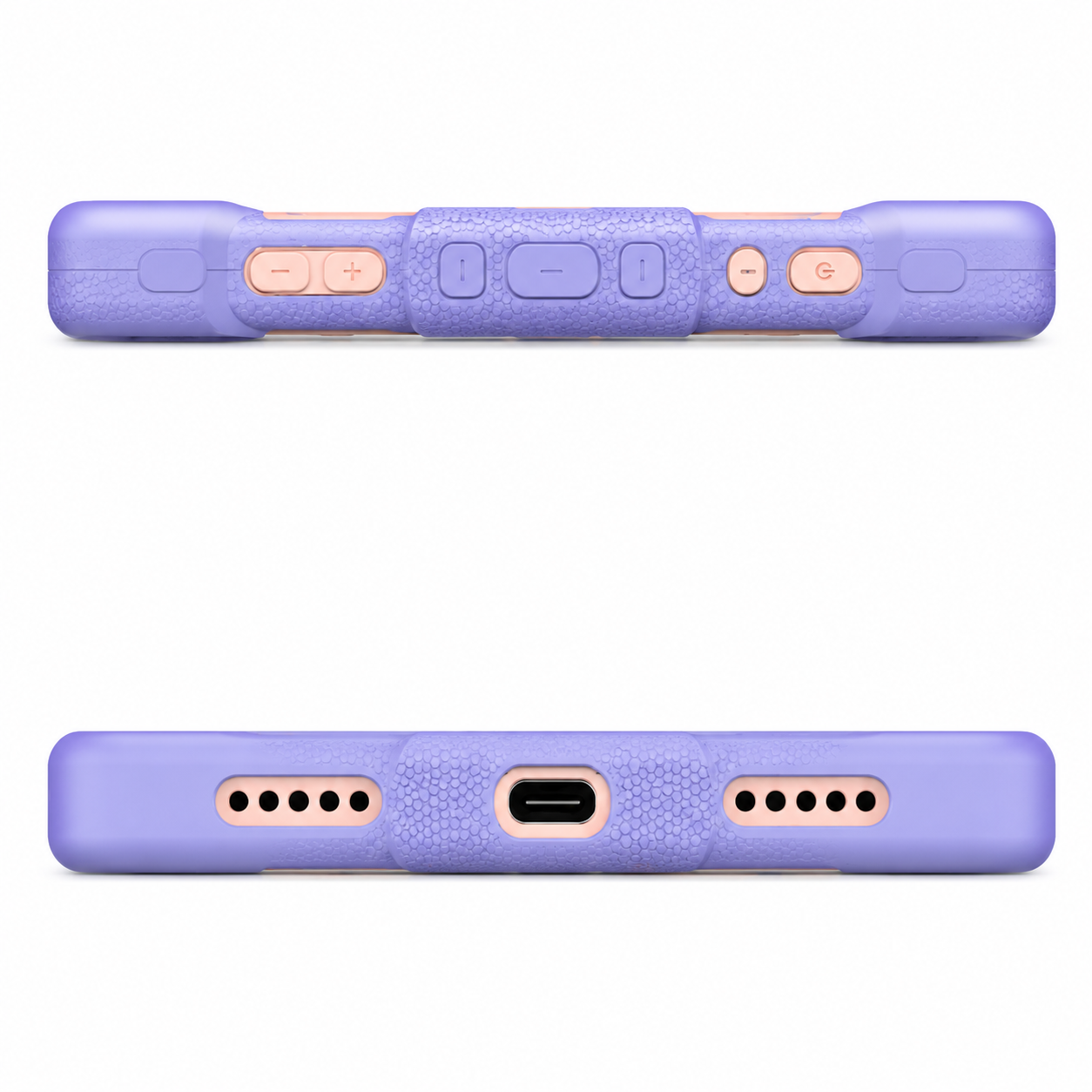 Purple phone case with rose gold accents on a white background