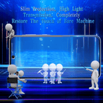 A smartphone shown from the side with a transparent screen protector applied, surrounded by small white 3D cartoon figures and overlaid marketing text on a glowing blue digital background.