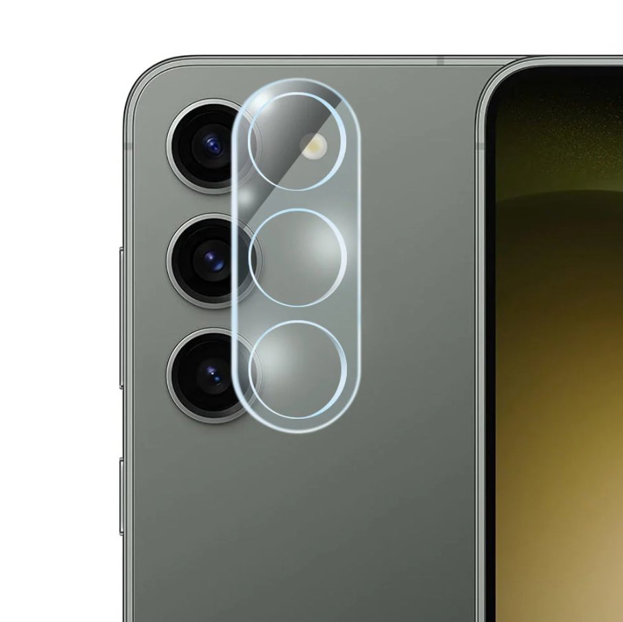 Smartphone with a clear camera lens protector on a white background