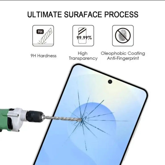Promotional graphic for a phone screen protector or screen hardening service. The image features a smartphone with a cracked screen on the right side, and a drill bit on the left side striking the crack to demonstrate durability.