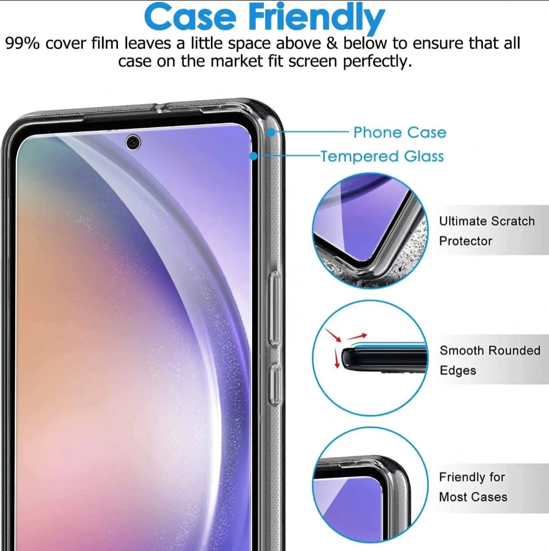 A smartphone case shown on a phone mockup with marketing text and callout circles explaining compatibility, scratch protection, rounded edges, and fit for most cases.