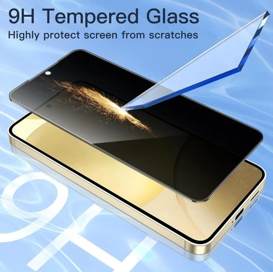 A 9H tempered glass screen protector shown over a gold smartphone on a blue graphic background, with text stating '9H Tempered Glass' and 'Highly protect screen from scratches.'.