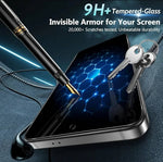 A smartphone shown at an angle on a dark textured surface, with a black stylus placed on the screen and two keys resting on the right side. Large text at the top reads '9H+ Tempered-Glass Invisible Armor for Your Screen' with supporting copy about 20,000+ scratch tests.