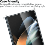 A close-up of a smartphone case or phone edge with a transparent screen protector overlay, shown on a white background with promotional text reading 'Case Friendly' and compatibility claims.