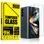 A 2-pack of tempered glass screen protectors shown next to a black Samsung foldable smartphone, with the packaging box on the left. The packaging is bright yellow with black text highlighting features like 9H hardness and HD screen protection.
