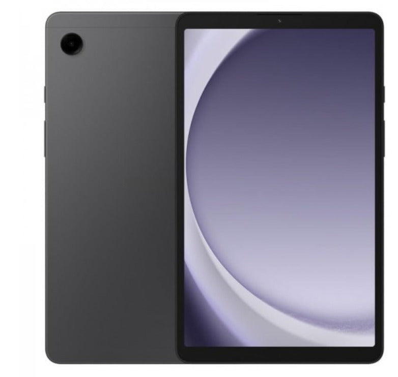 Black tablet with a purple screen on a white background