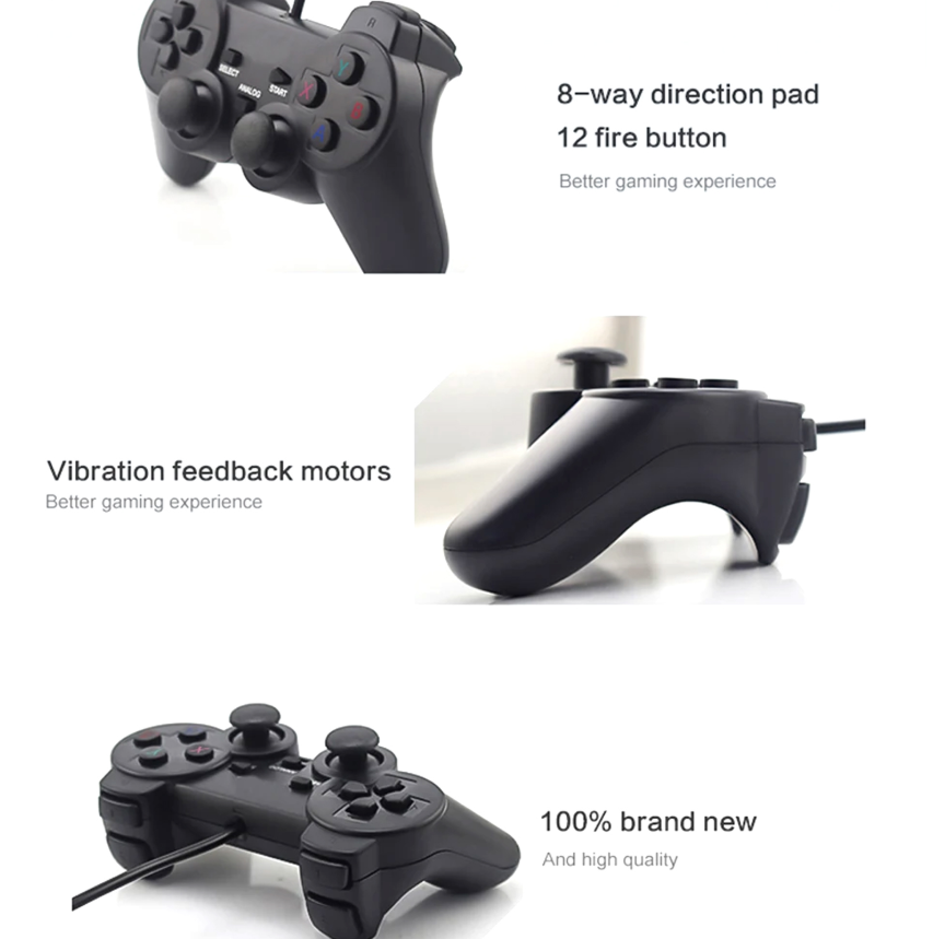 Black gaming controller with features highlighted on a white background