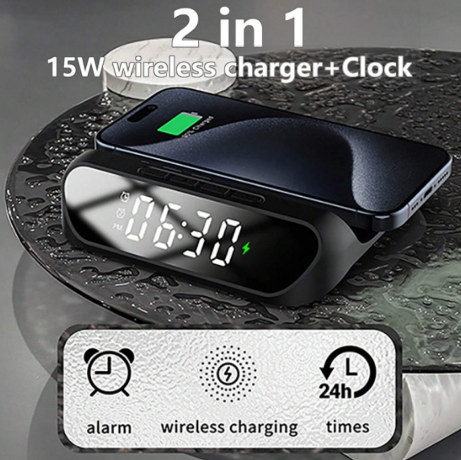 2-in-1 15W wireless charger with clock displaying time and charging status.