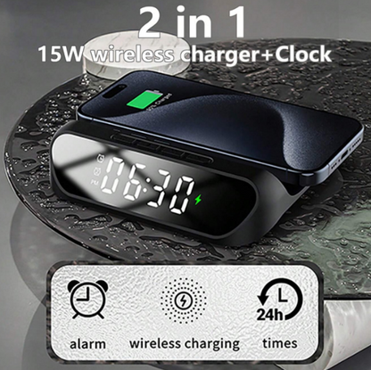 2-in-1 15W wireless charger with clock displaying time and charging status.
