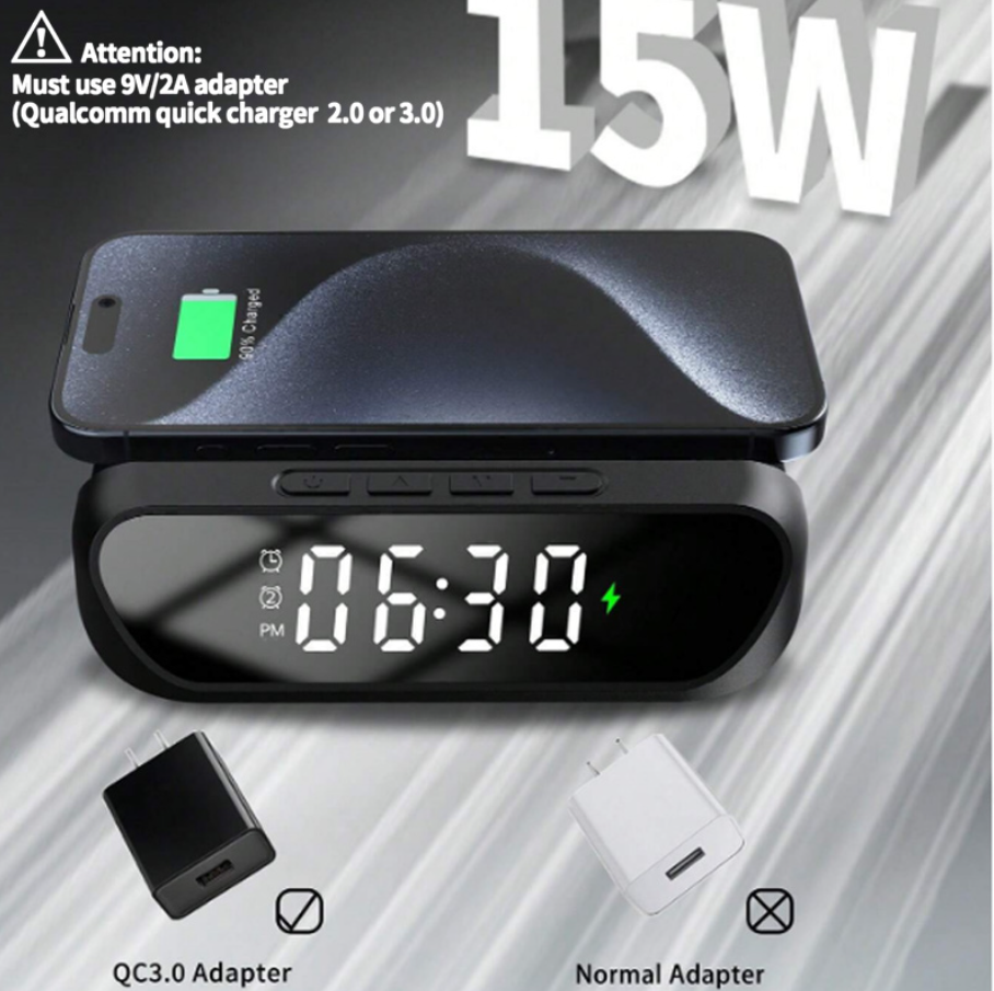 Digital clock with charging port and adapter information on a gray background