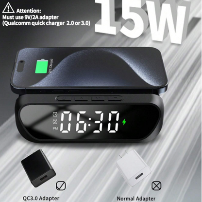 Digital clock with charging port and adapter information on a gray background
