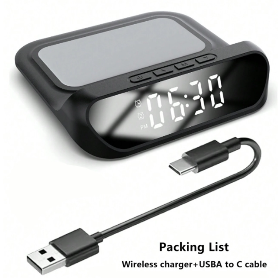 Black wireless charger with digital clock and USB cable on a white background