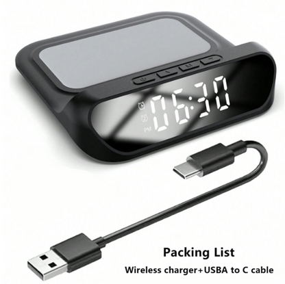 Black wireless charger with digital clock and USB cable on a white background
