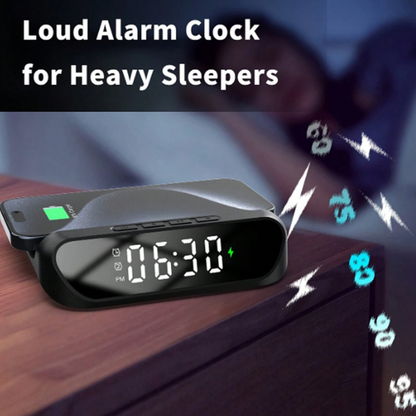 Digital alarm clock with loud alarm feature on a wooden surface