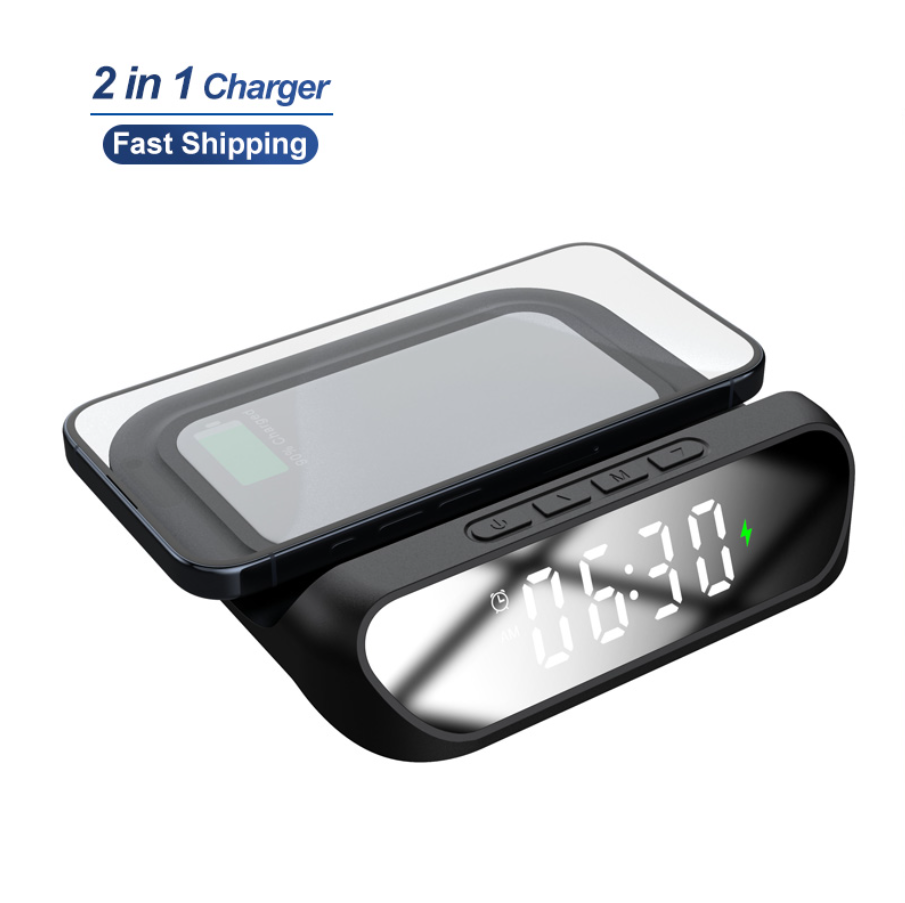 2-in-1 charger with digital clock on a white background
