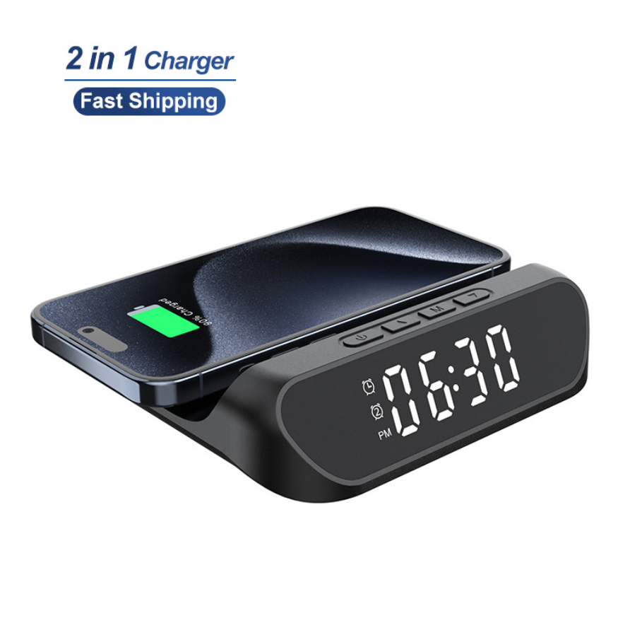 2-in-1 charger with wireless phone stand and digital clock on a white background