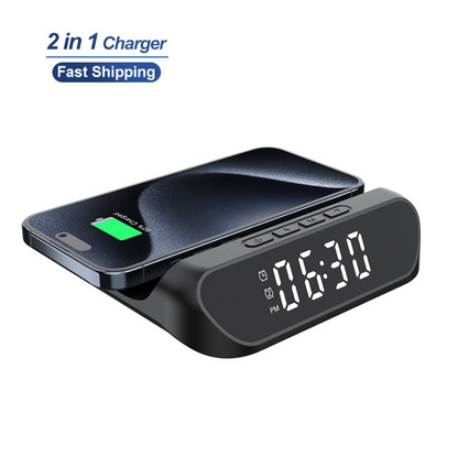 2-in-1 charger with wireless phone stand and digital clock on a white background
